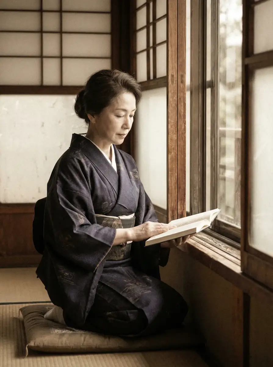 一位优雅的五十岁 杏彩体育官网平台 身穿深蓝色和服，在窗边静读